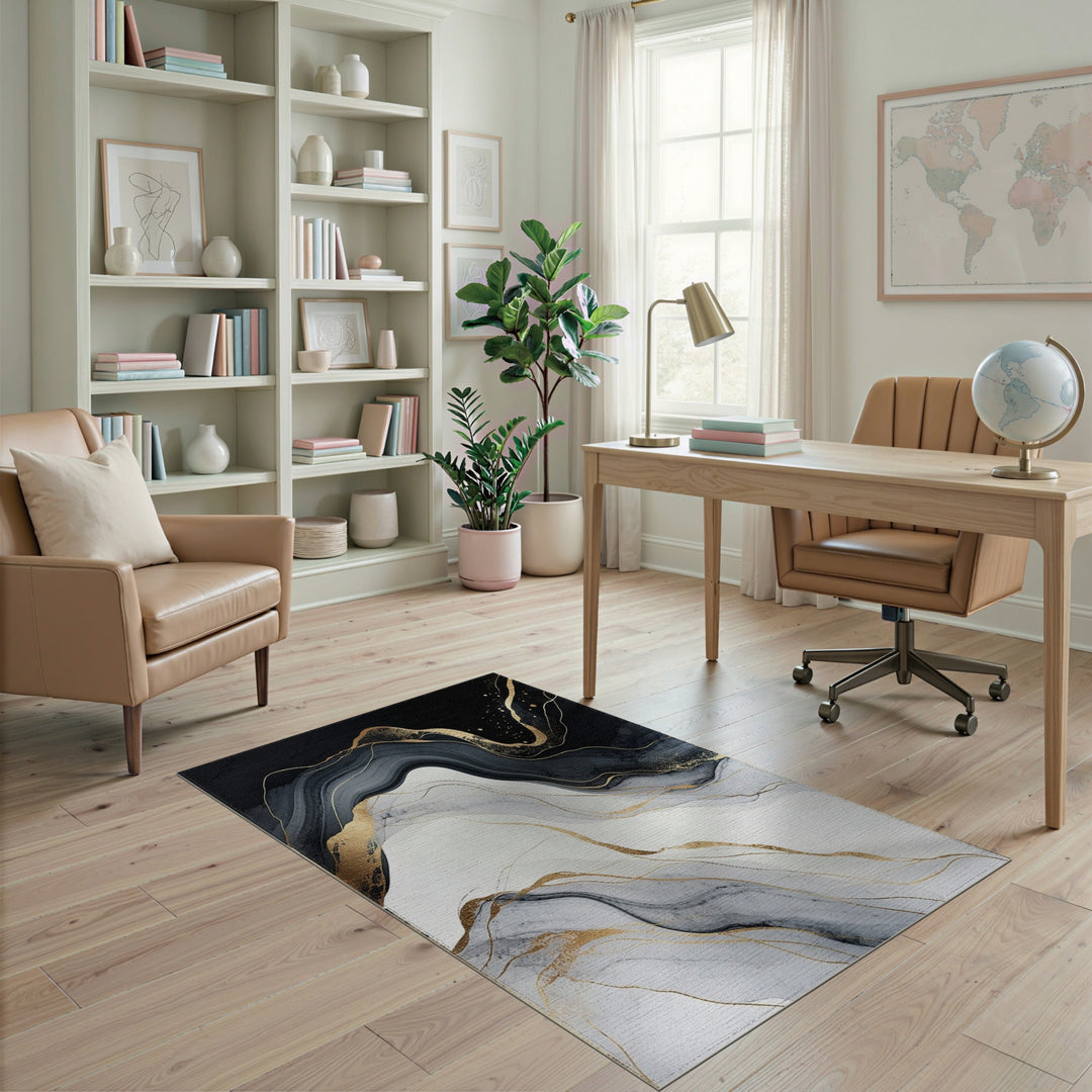 Black and White Black White Abstract Gold Wave Area Rug