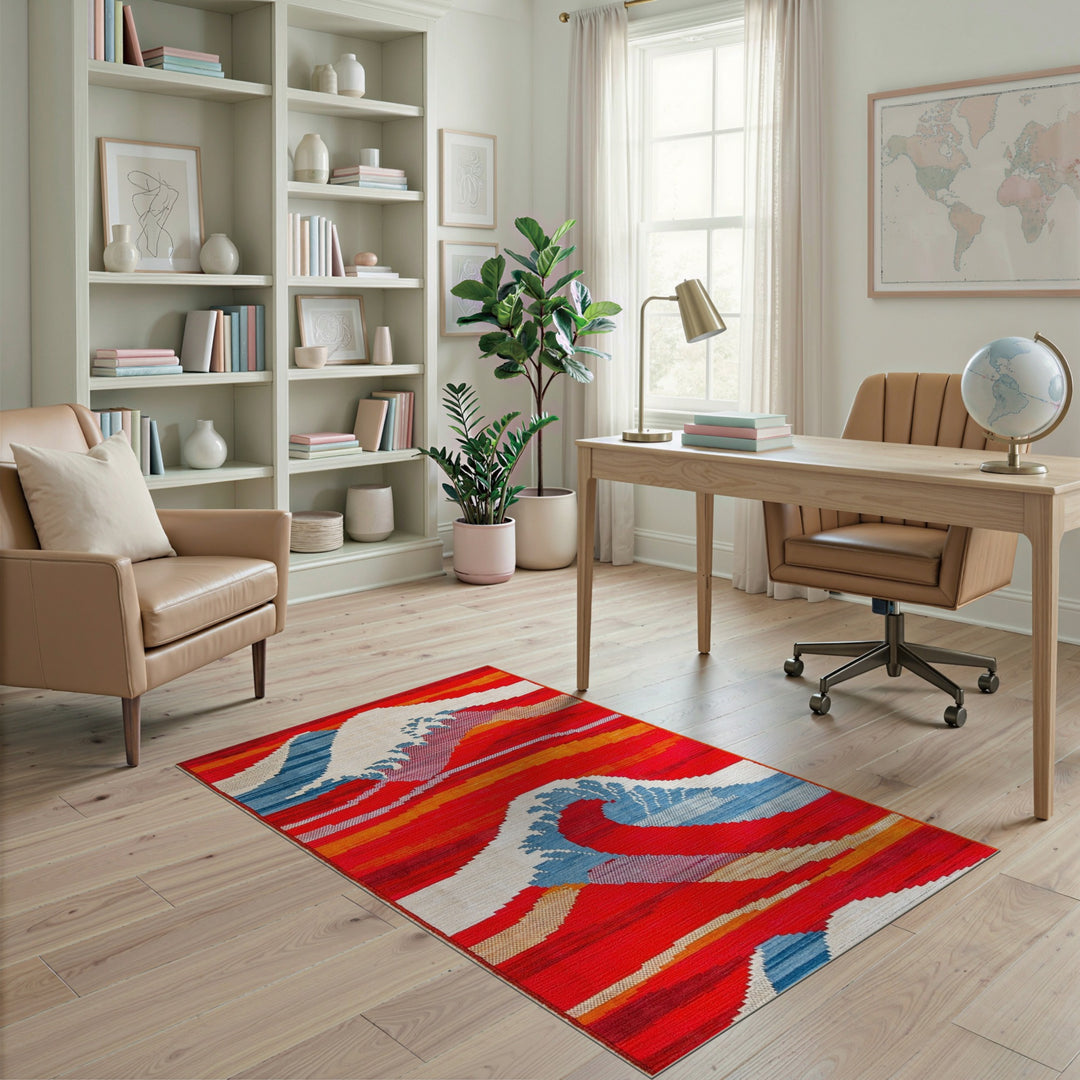 Abstract Area Red Vibrant Red Wave Abstract Area Rug