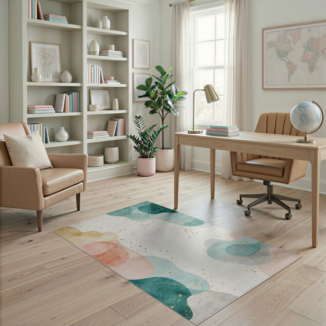 Abstract Teal Coral Washable Area Rug
