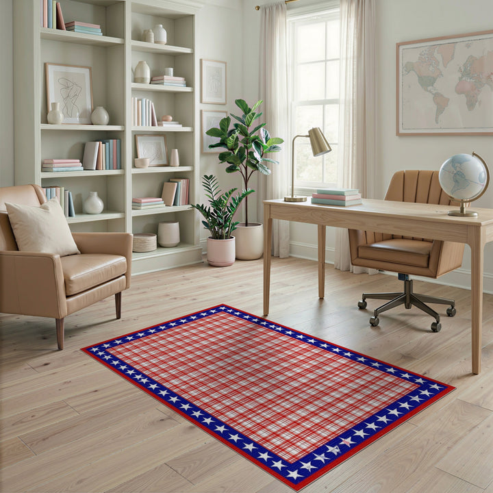 Red Plaid Rug with Blue Star Border