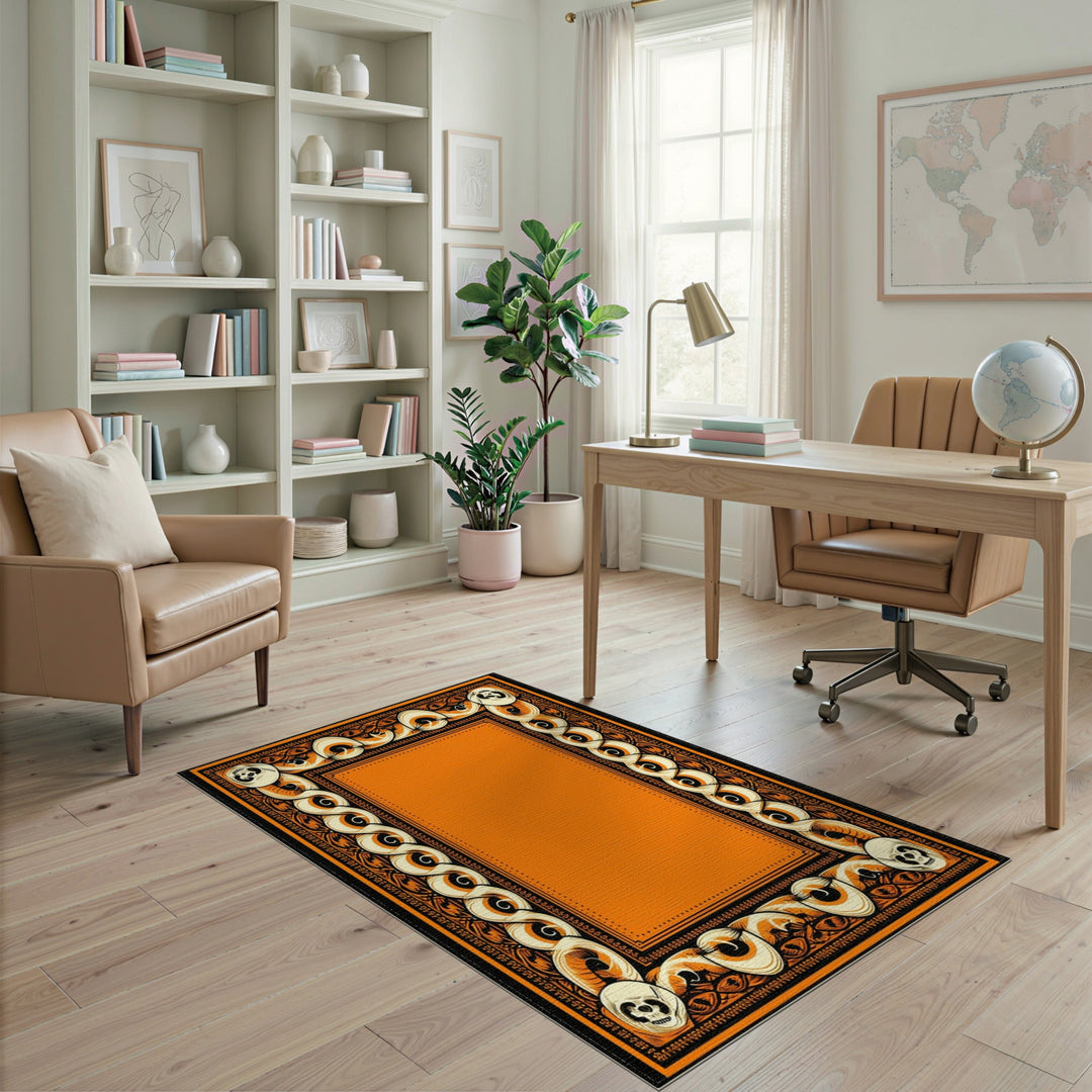 Orange Skull Tribal Border Area Rug