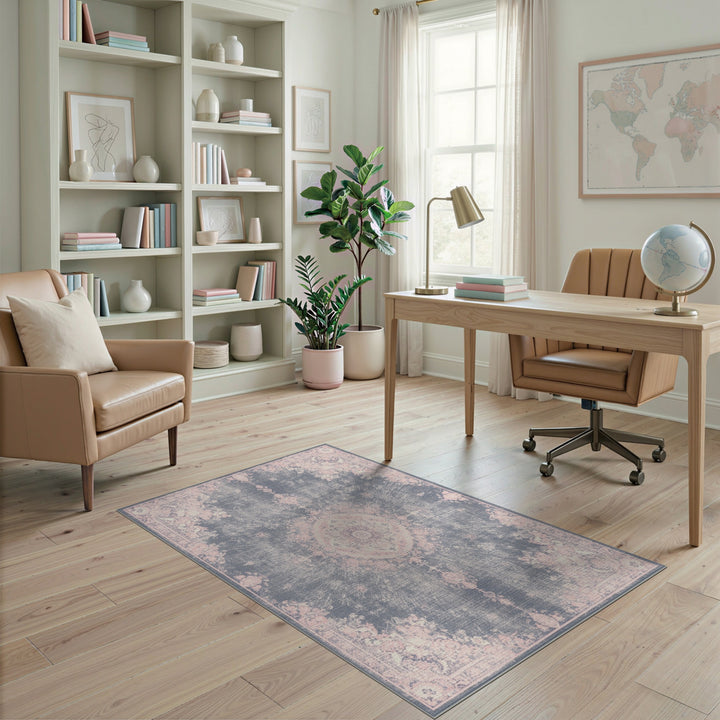 Distressed Vintage Pink Floral Grey Area Rug