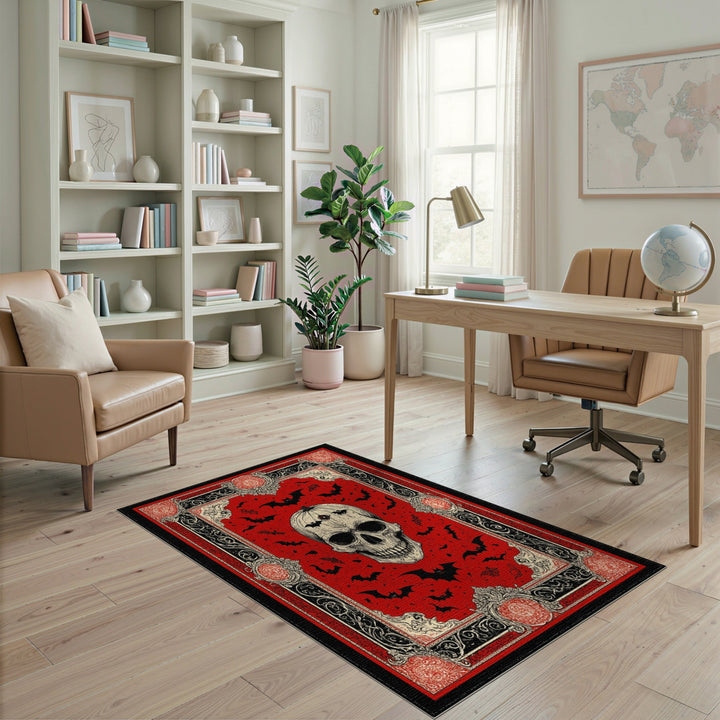Red Gothic Skull Bat Area Rug