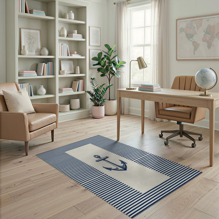 Navy Anchor Striped Coastal Area Rug