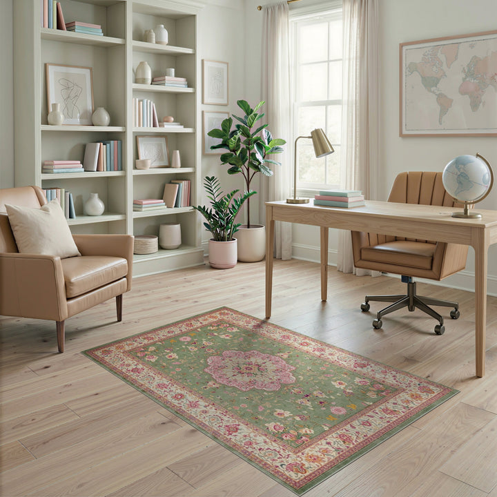 Green Floral Vintage Rug with Pink Medallion