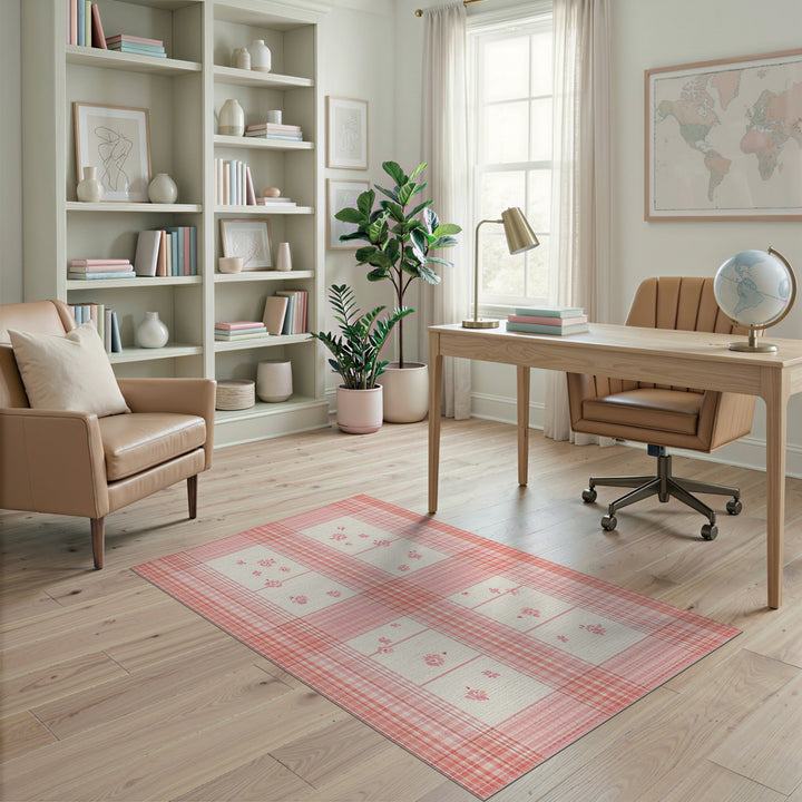 Pink Floral Gingham Area Rug