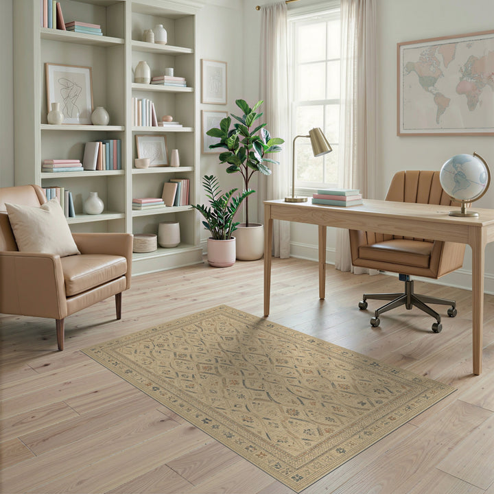 Beige Distressed Floral Lattice Rug