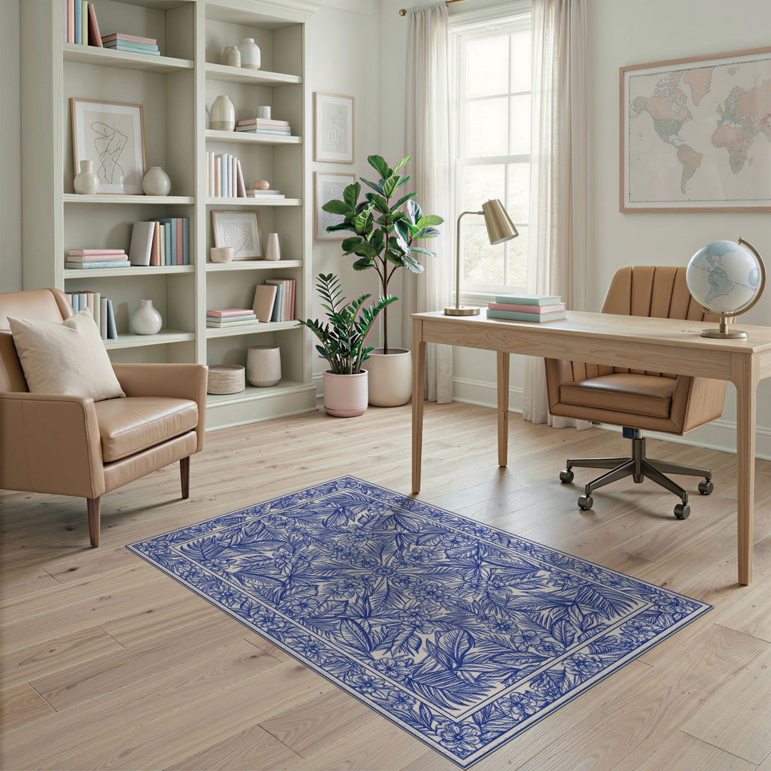 Blue Floral Vintage Washable Area Rug