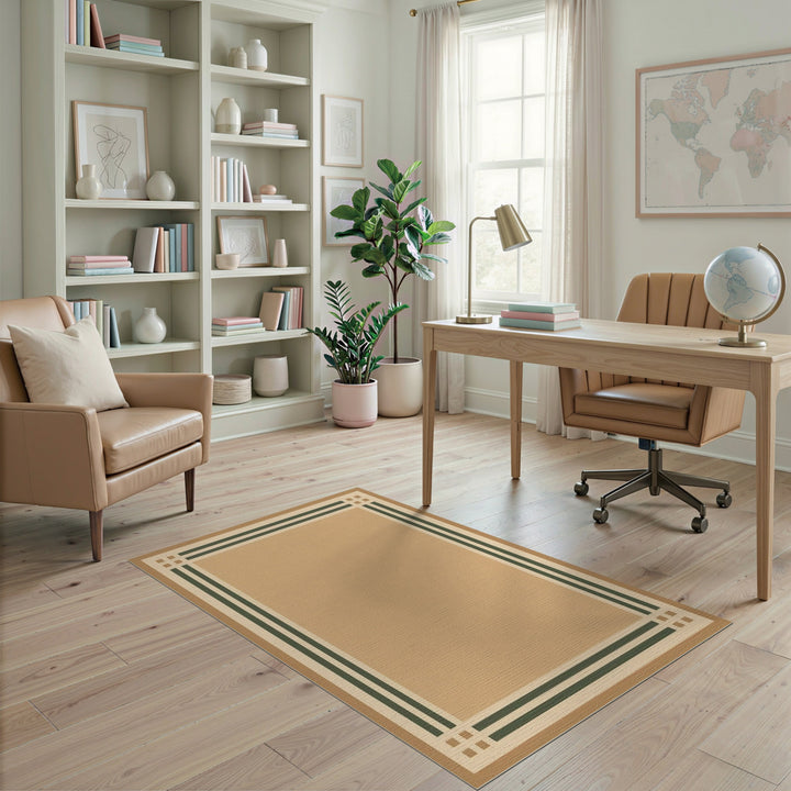 Beige and Neutral Tan Geometric Border Area Rug