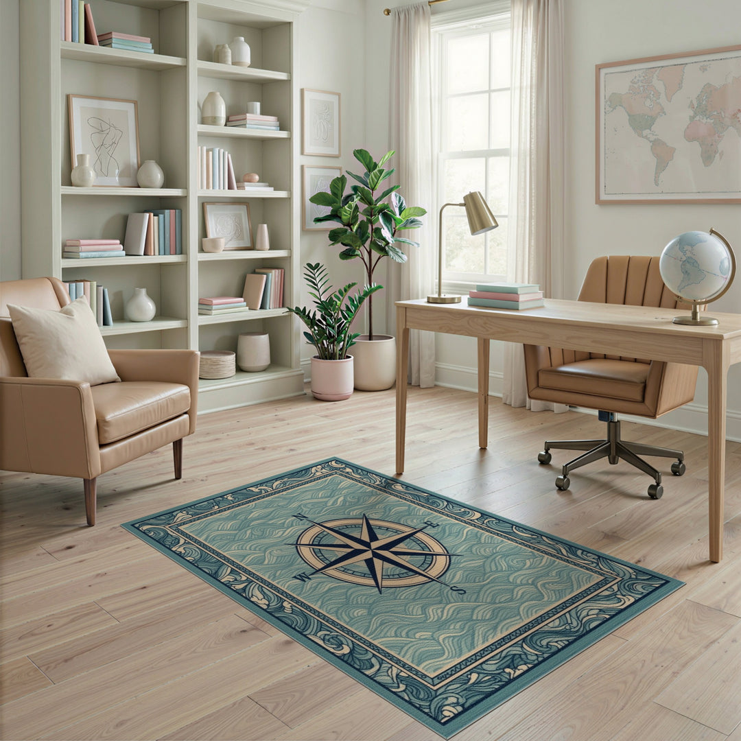 Coastal Compass Blue Area Rug