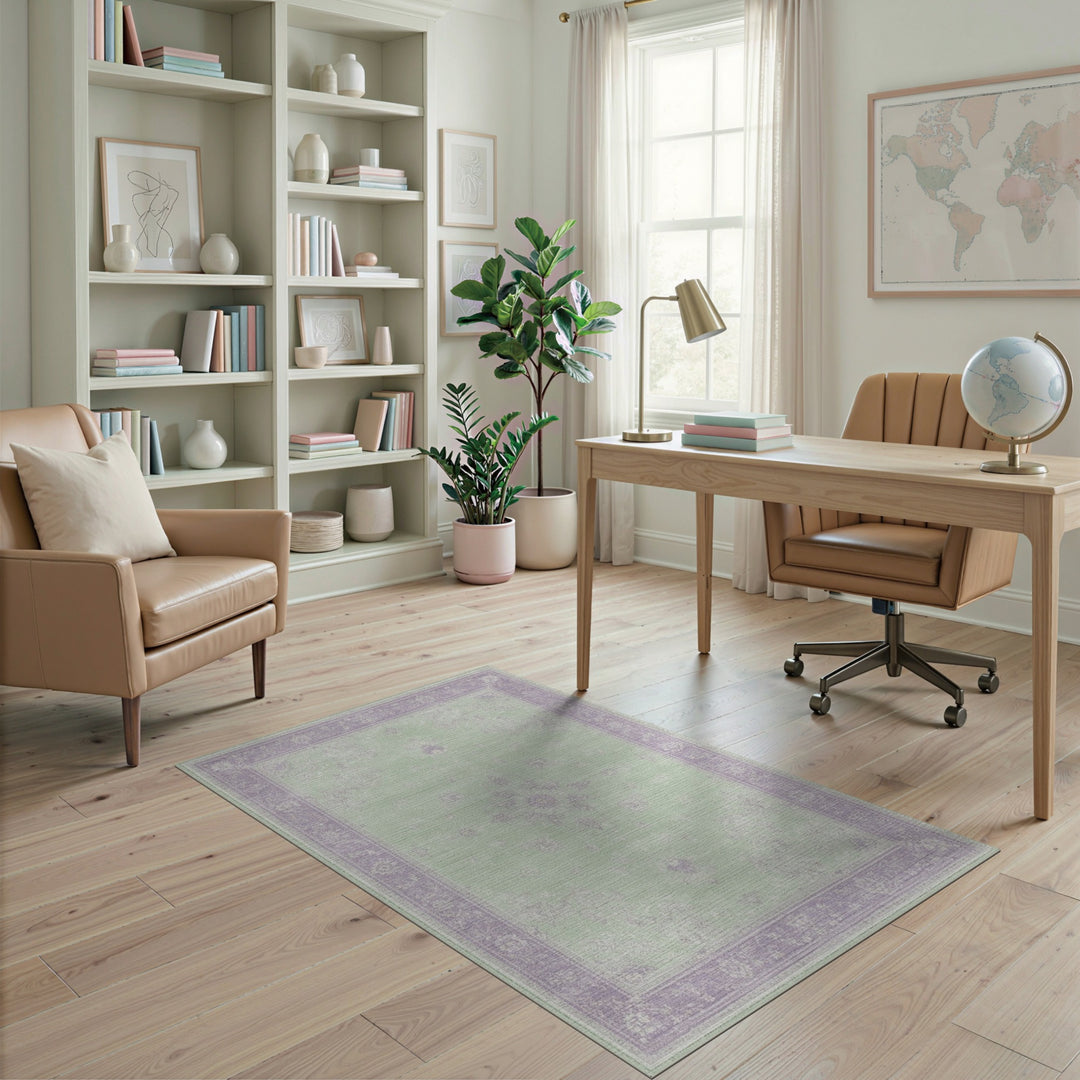 Mint Green Floral Vintage Area Rug with Lavender Border