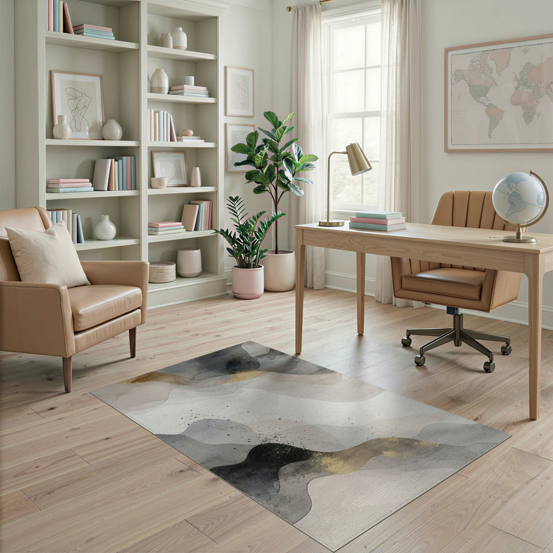 Grey Abstract Flow Area Rug with Gold Accents
