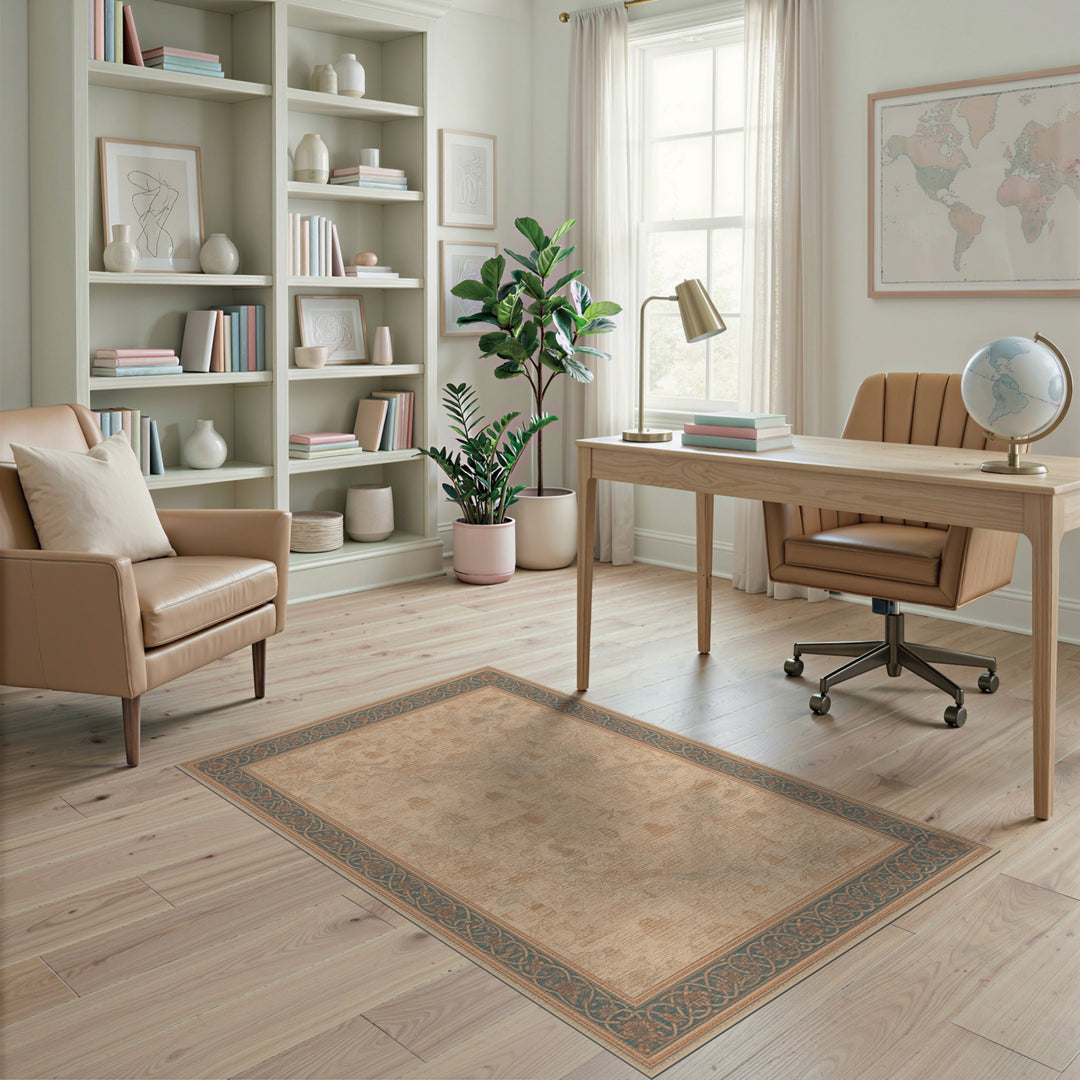 Vintage Map Area Rug with Teal Border