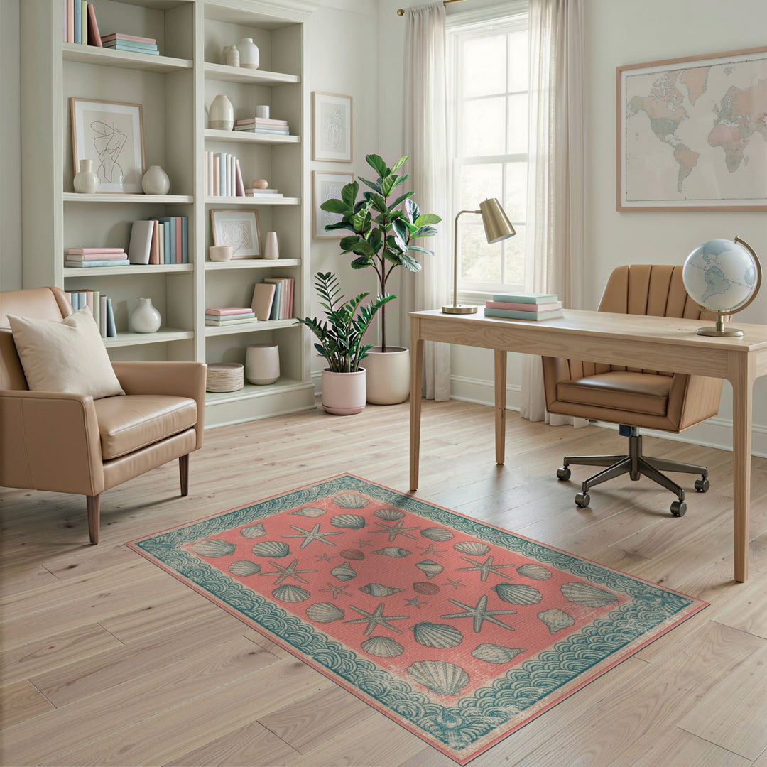 Pink Coastal Seashell Starfish Area Rug