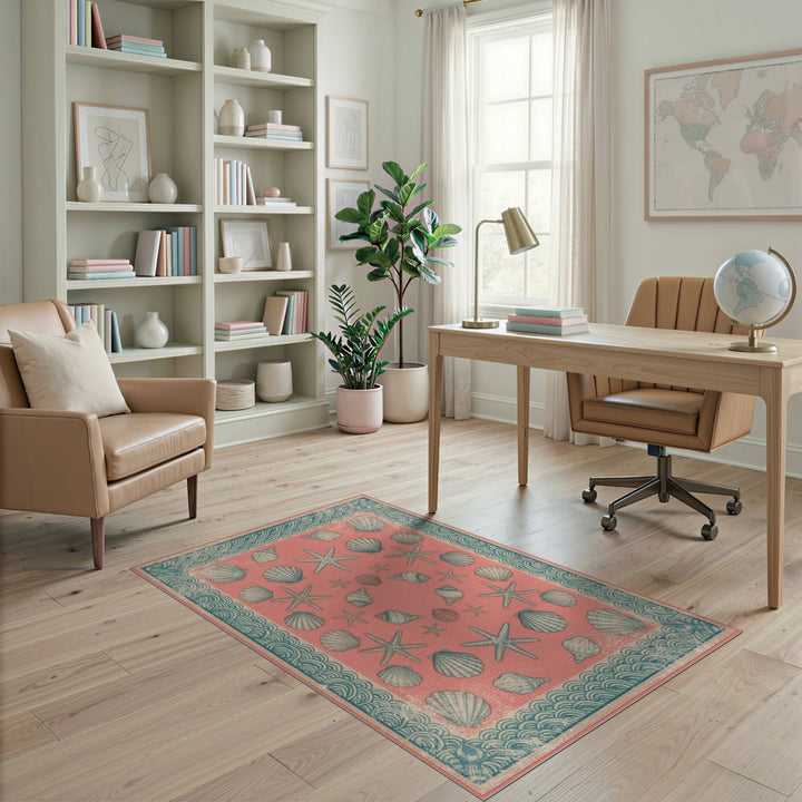 Pink Coastal Seashell Starfish Area Rug
