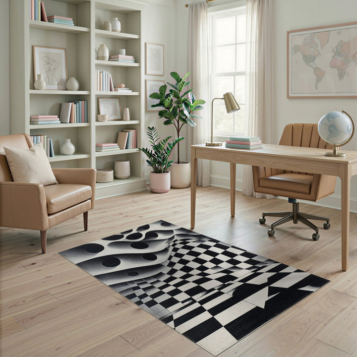 Black White Optical Illusion Checkered Area Rug