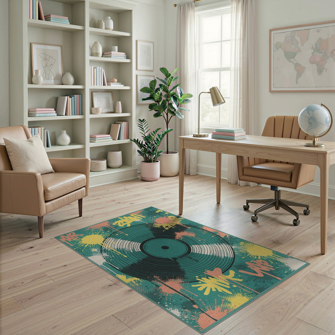 Teal Vinyl Record Graffiti Washable Area Rug