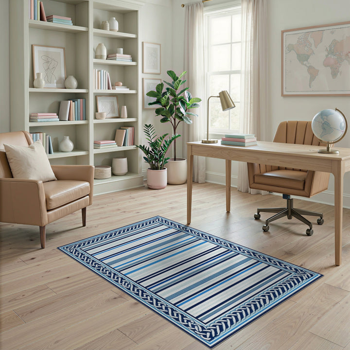 Blue Striped Heritage Area Rug with Knot Border