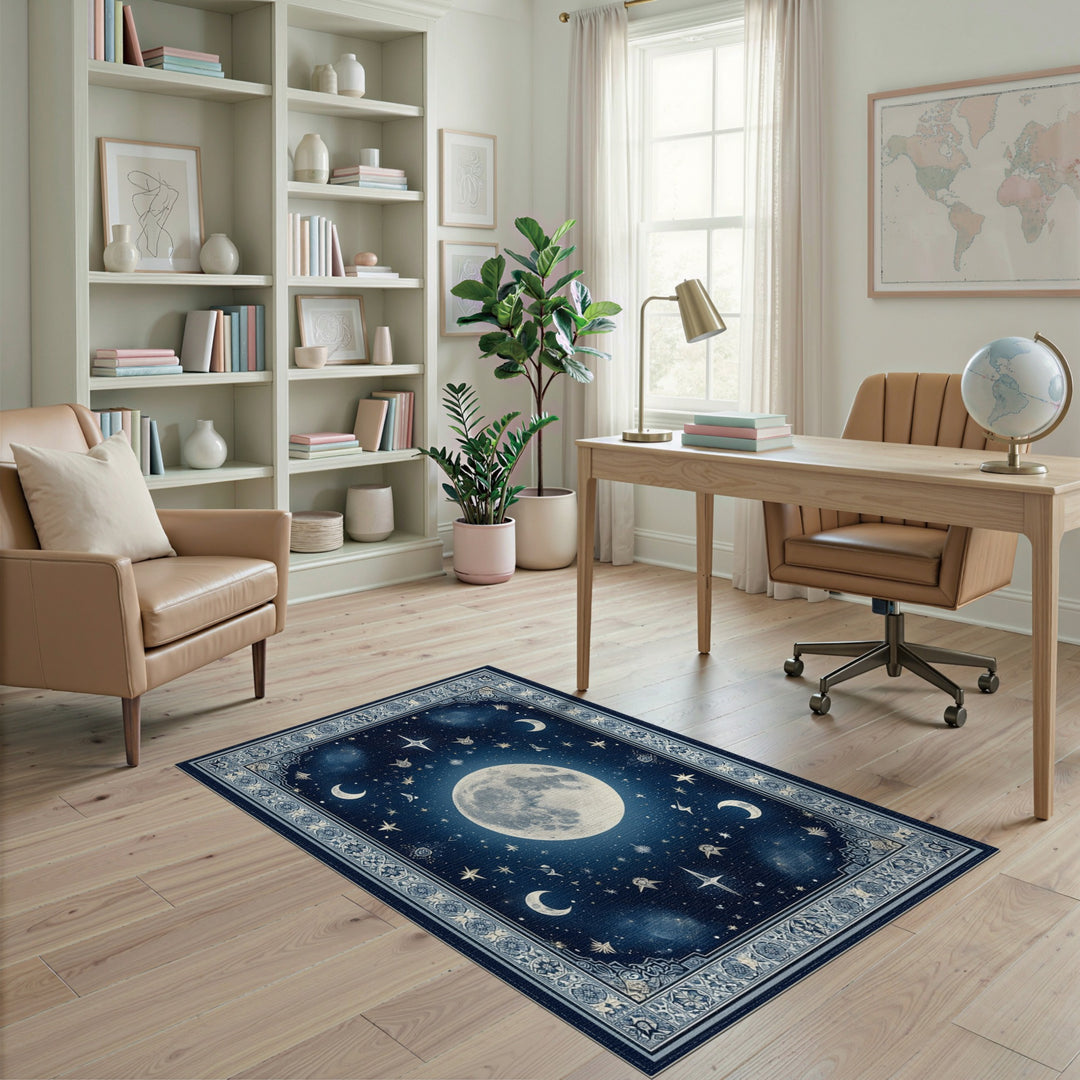 Vintage Blue Celestial Moon Area Rug
