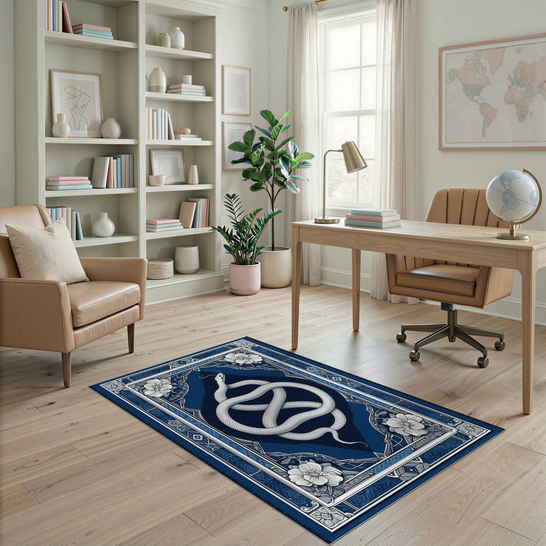 Coiled White Snake Blue Floral Area Rug