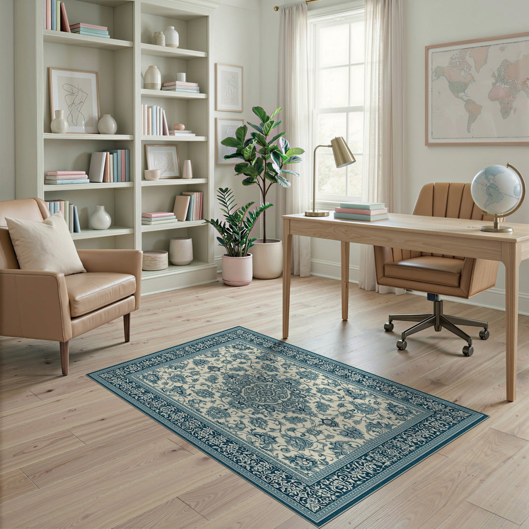 Blue Teal Floral Vintage Area Rug