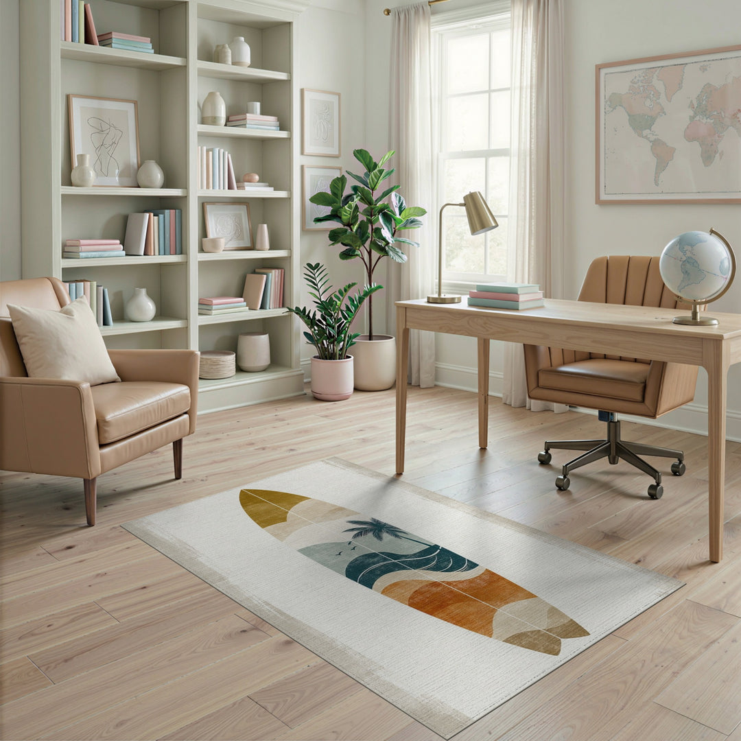 Coastal Surfboard Palm Tree Area Rug