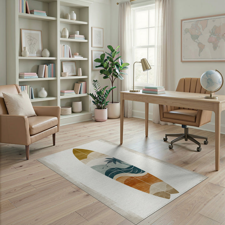 Coastal Surfboard Palm Tree Area Rug