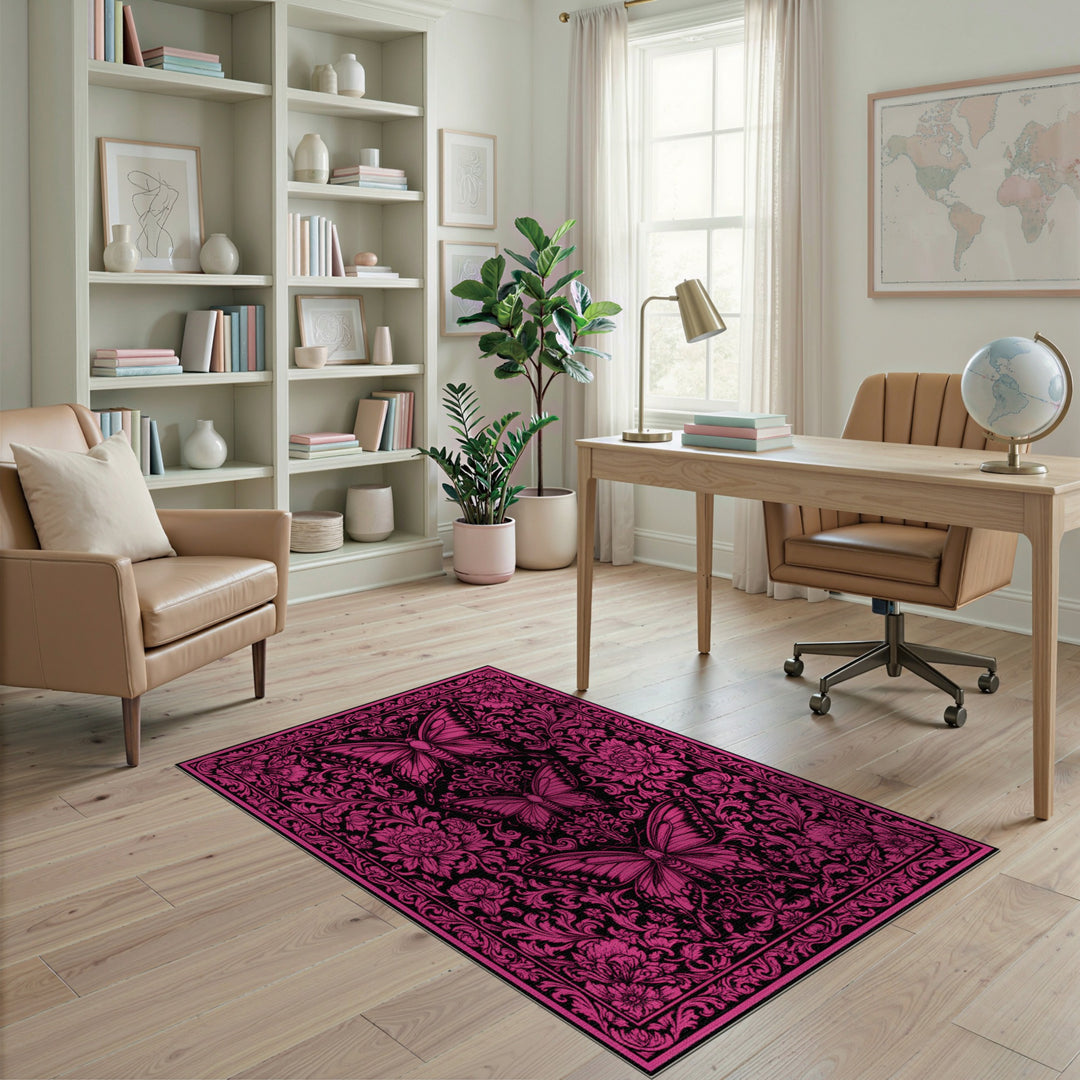 Pink Butterfly Floral Vintage Area Rug