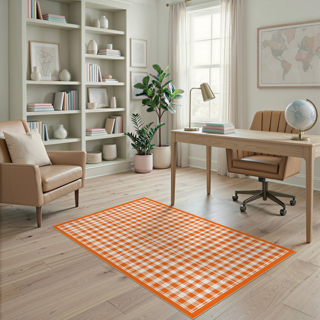 Orange Geometric Modern Orange Checkered Washable Area Rug