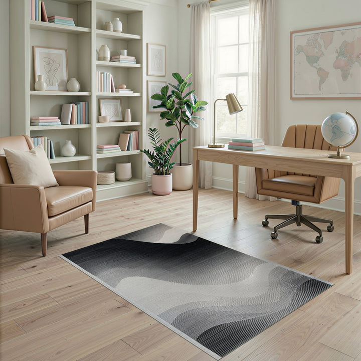 Black White Abstract Wave Area Rug