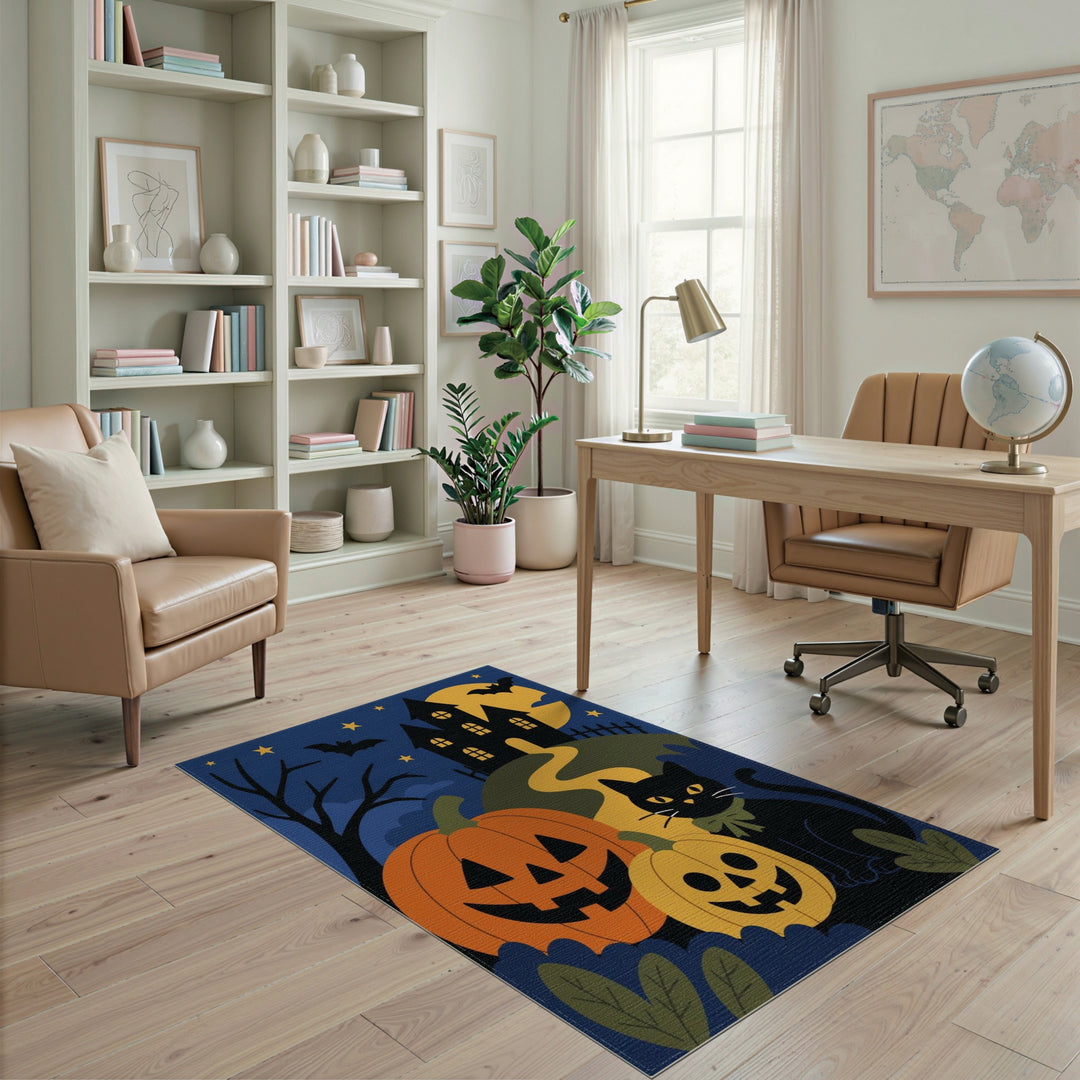Halloween Black Cat and Pumpkins Area Rug