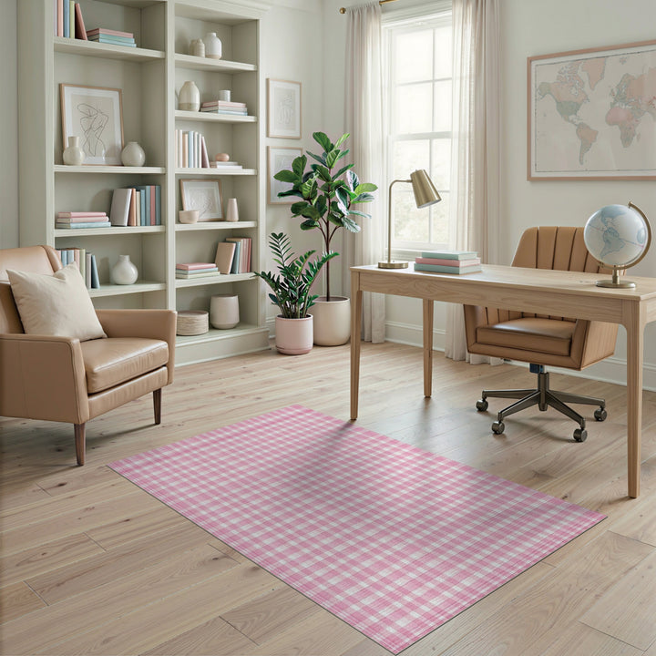 Washable Pink Gingham Checkered Washable Area Rug