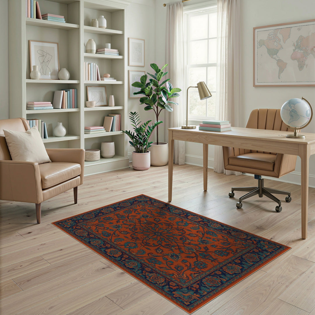 Orange Teal Persian Floral Area Rug