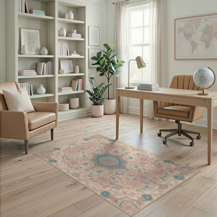 Pink Teal Floral Medallion Vintage Rug