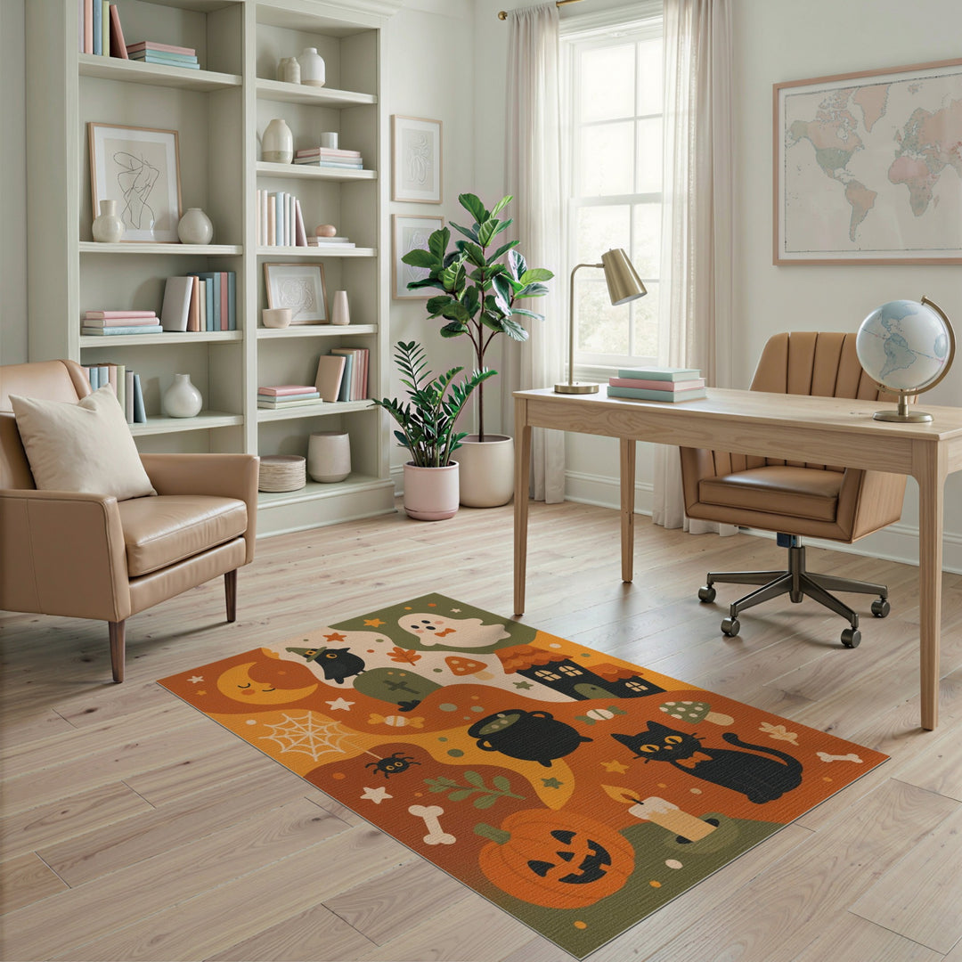Multi-color and Patterns Halloween Black Cat Kids Cartoon Area Rug