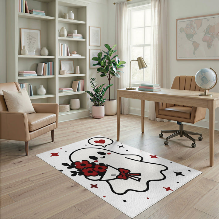 Cute Ghost with Red Flowers Kids Rug