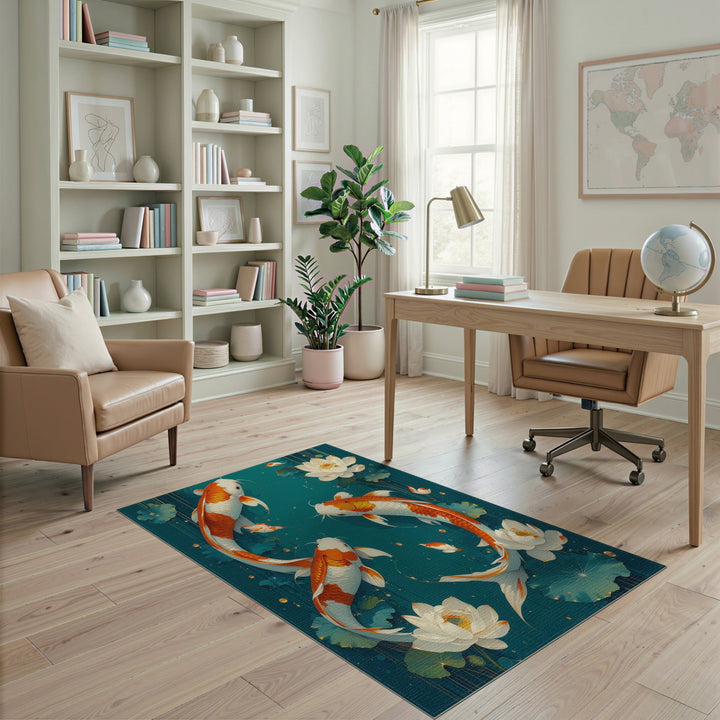 Koi Lotus Teal Washable Area Rug