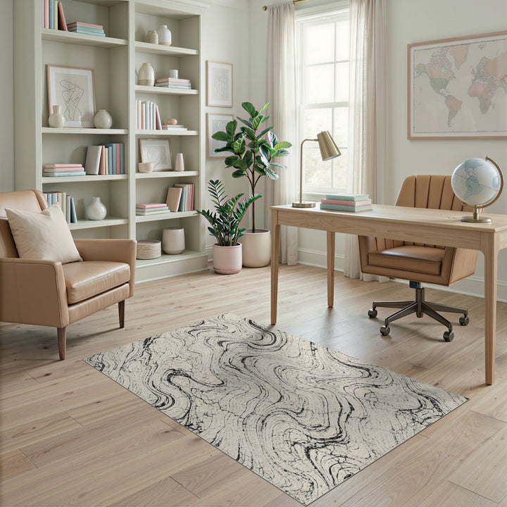 Black White Distressed Marble Swirl Area Rug
