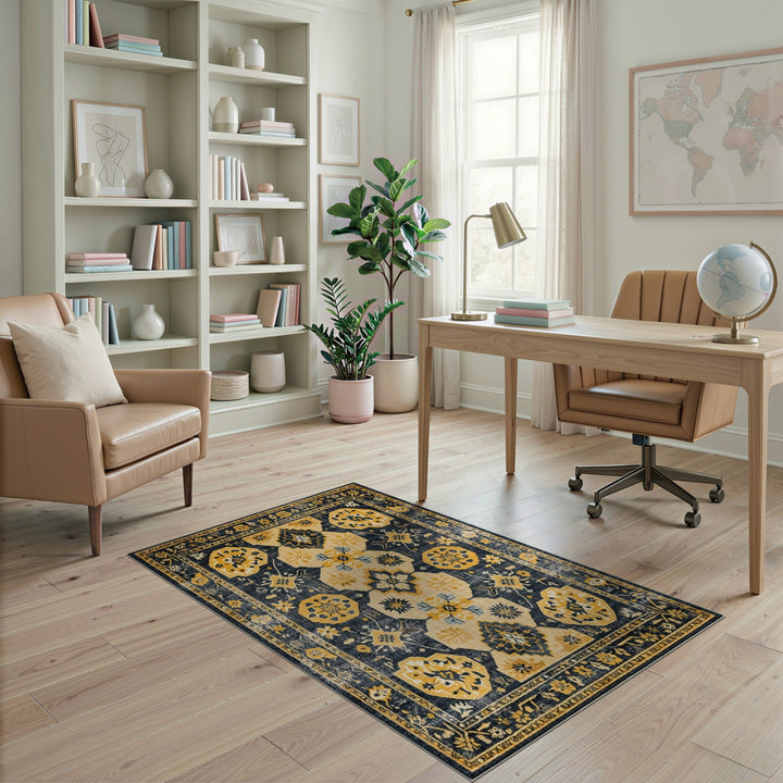 Distressed Navy Yellow Floral Vintage Area Rug
