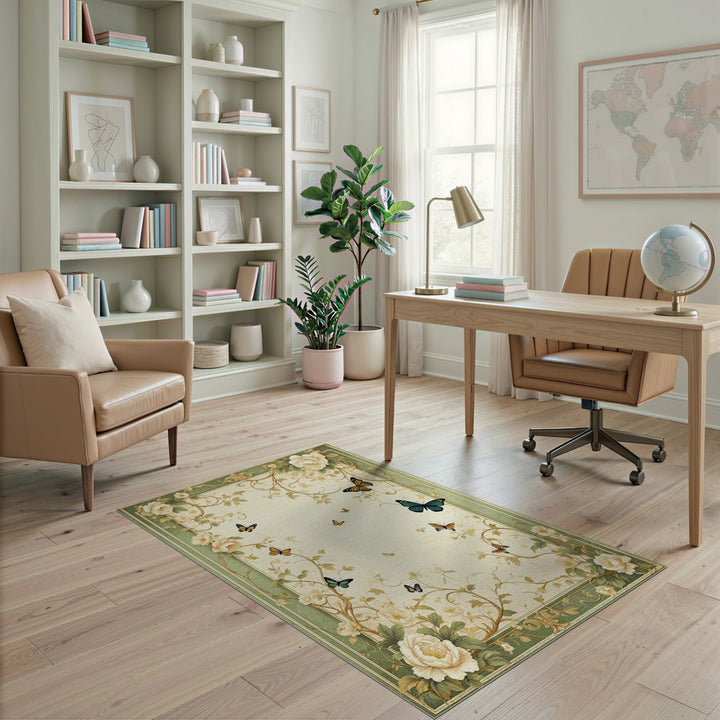 Green Floral Butterfly Vintage Area Rug