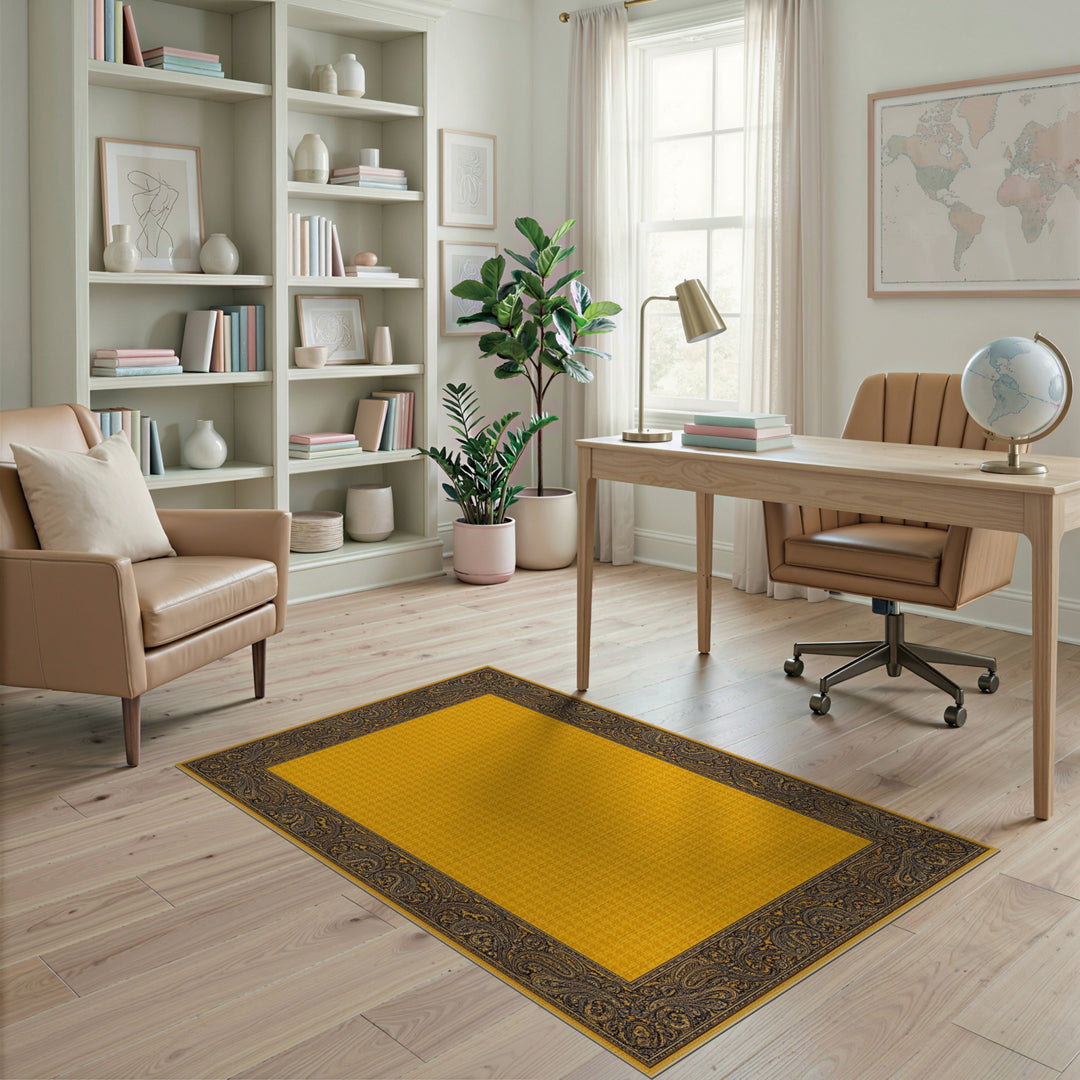 Yellow Paisley Border Traditional Rug