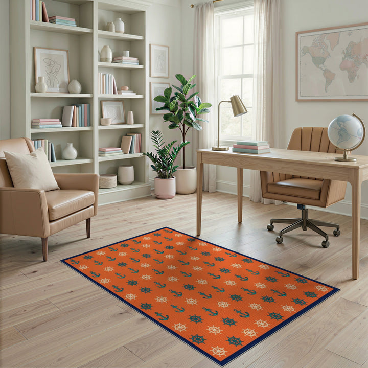 Orange Nautical Anchor and Wheel Area Rug