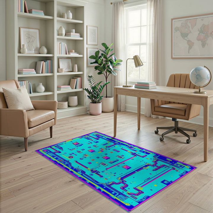 Neon Blue Pixel Circuit Area Rug