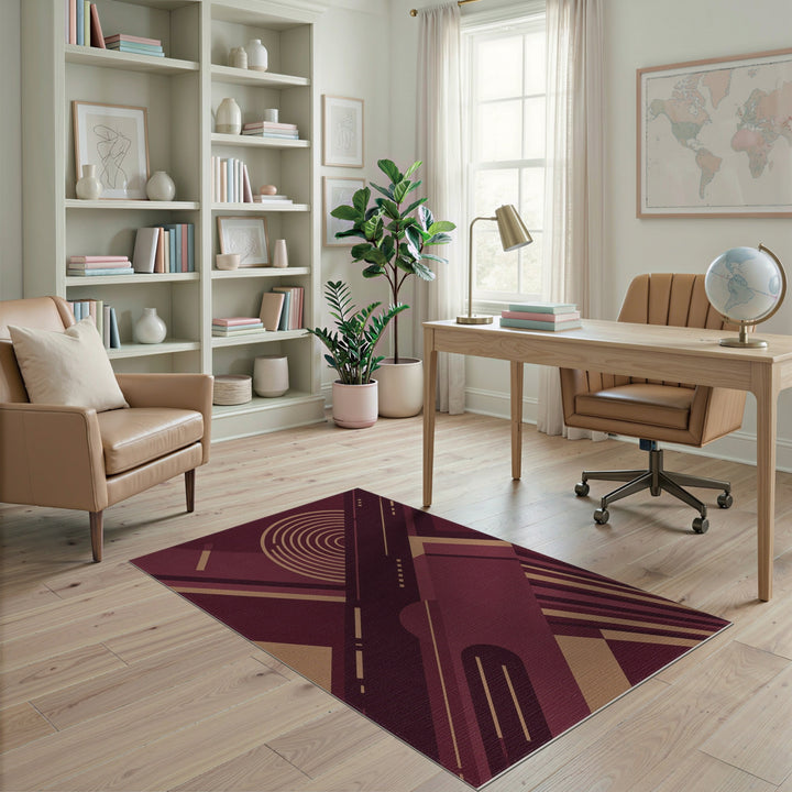 Geometric Red Area Rug with Gold Accents