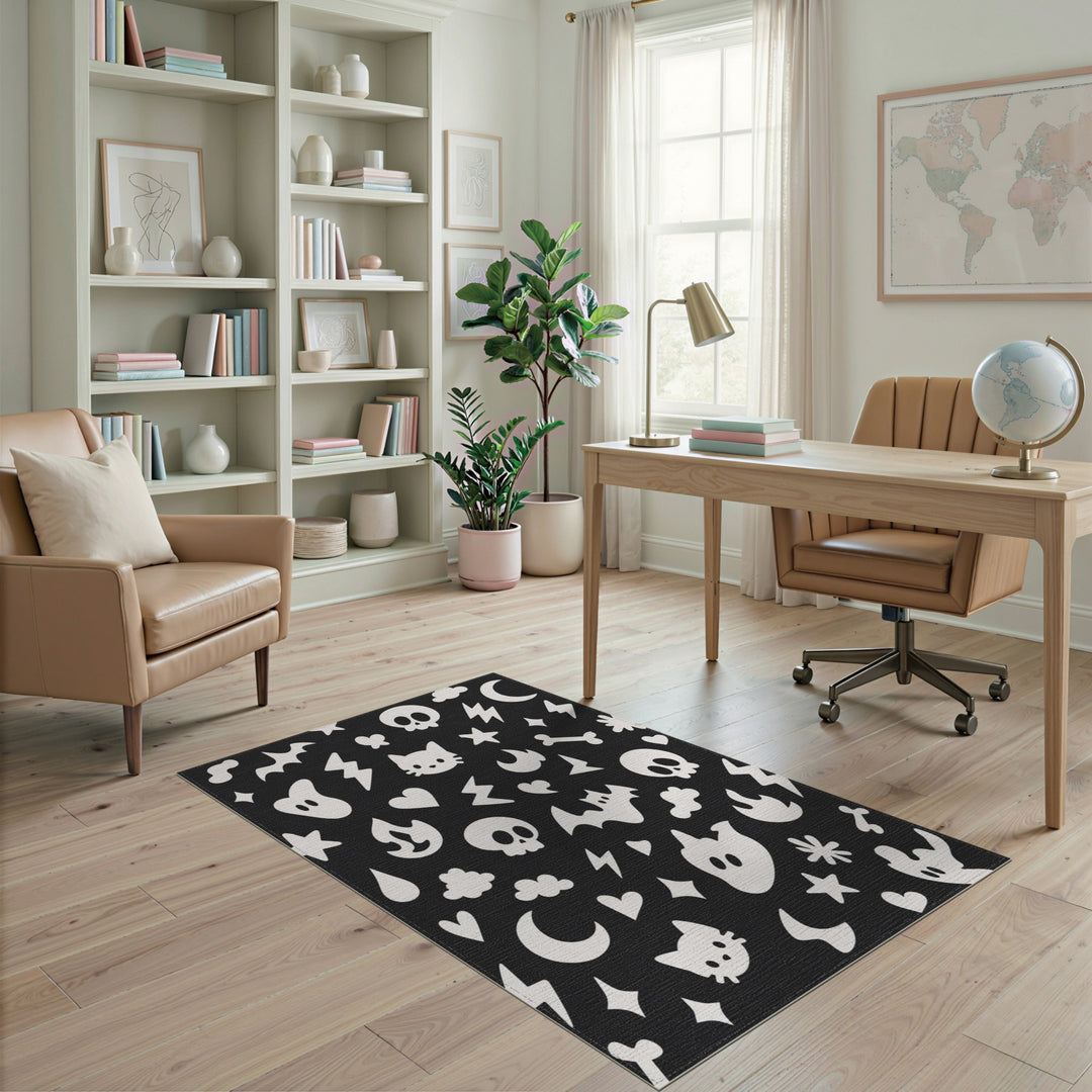 Spooky Halloween Black White Washable Area Rug