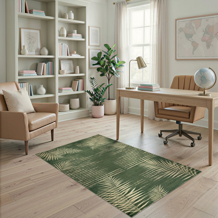 Green Palm Leaf Washable Area Rug