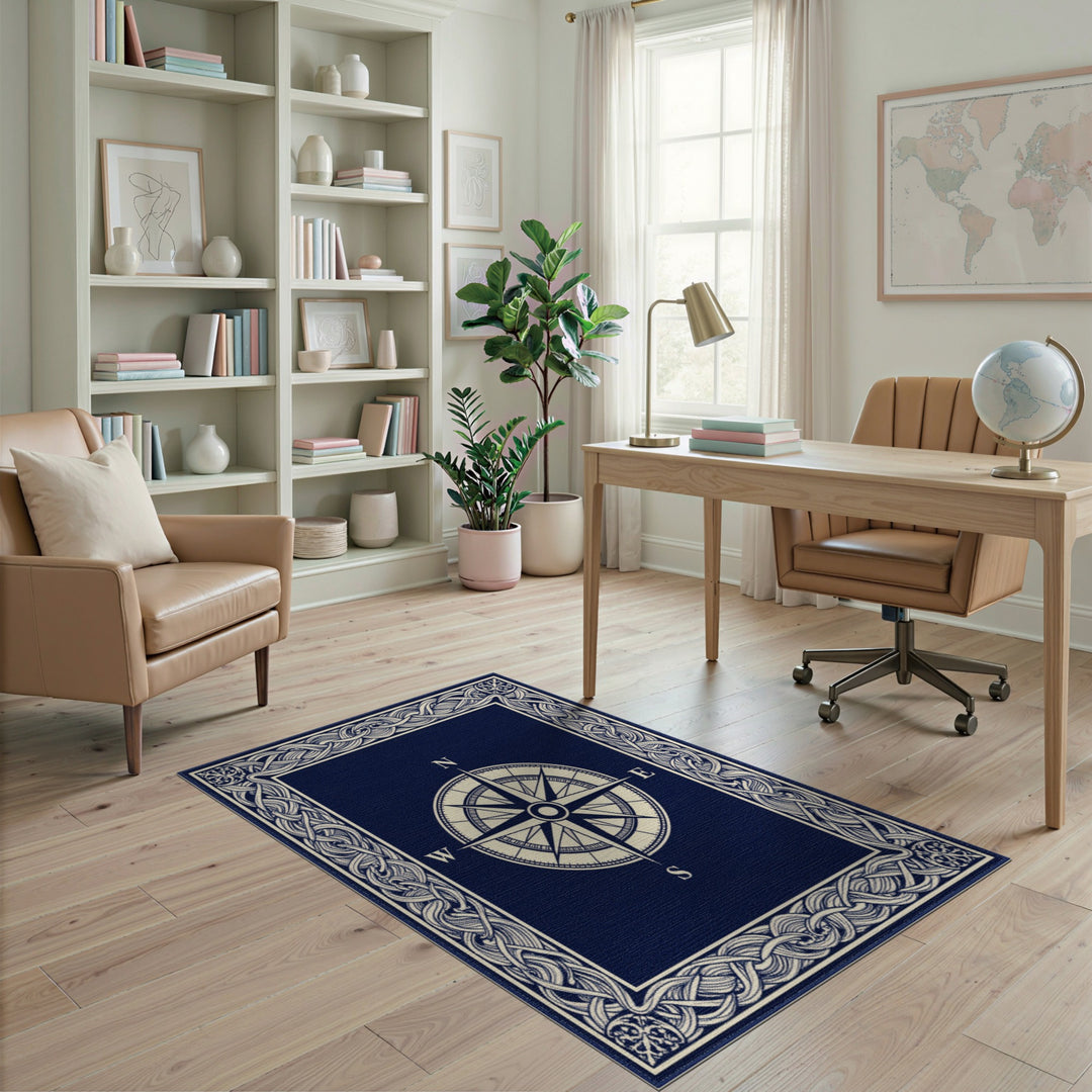 Navy Compass Rose Area Rug with Braided Border