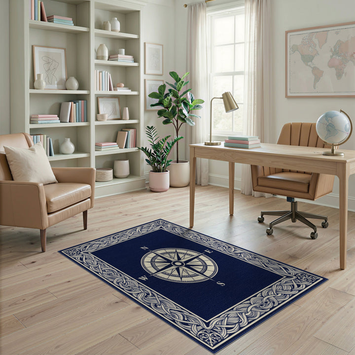 Navy Compass Rose Area Rug with Braided Border