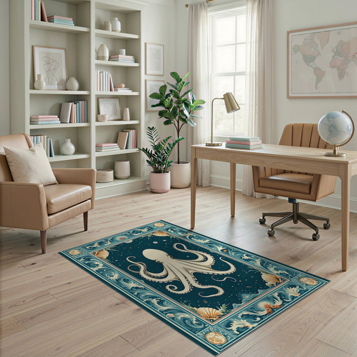 Blue Teal Octopus Coastal Area Rug