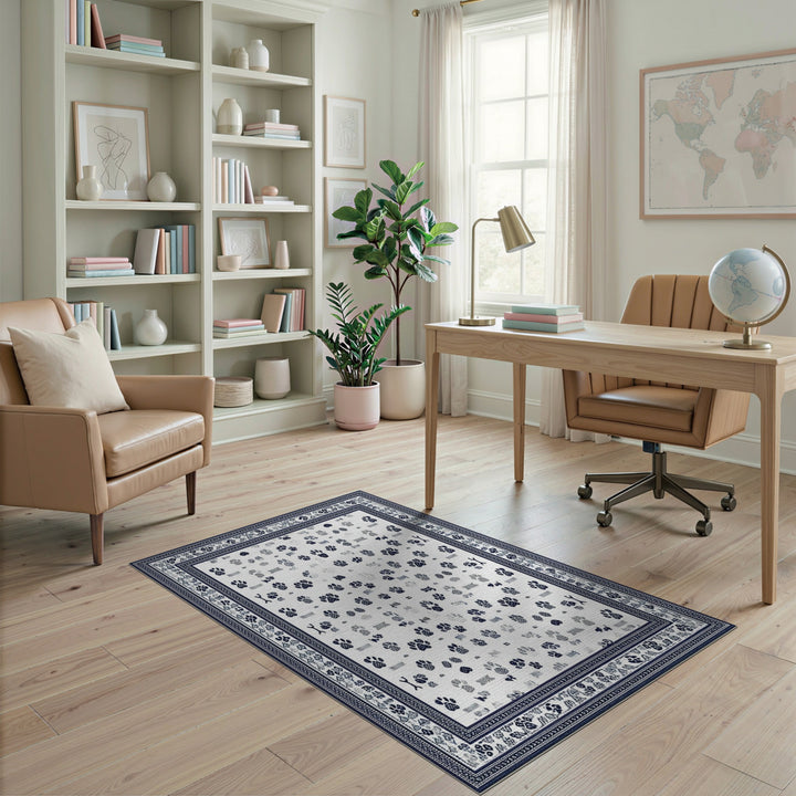 Blue Paw Print Washable Area Rug